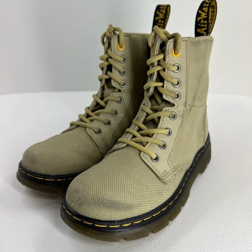 Dr. Martens Youth Combat Boots Size 13 Lace Up Side Zip Beige Canvas